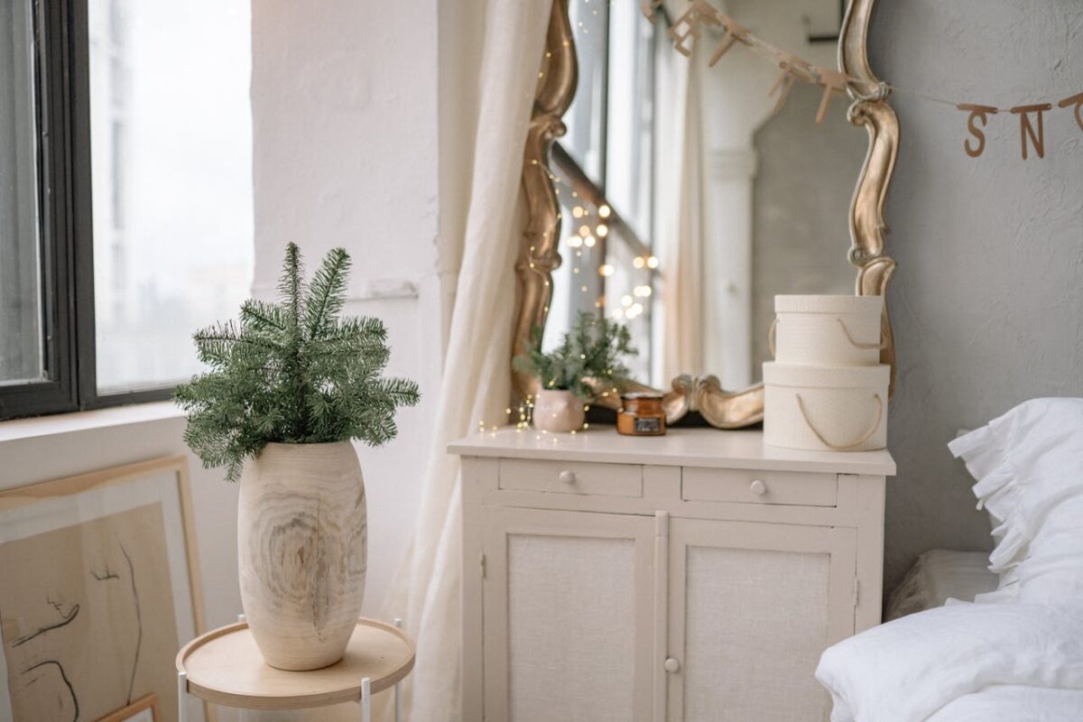 Warm and inviting bedroom with elegant decor and natural elements, perfect for relaxation.